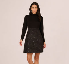 Long Sleeve Sequin Tweed Short Combo Dress In Black