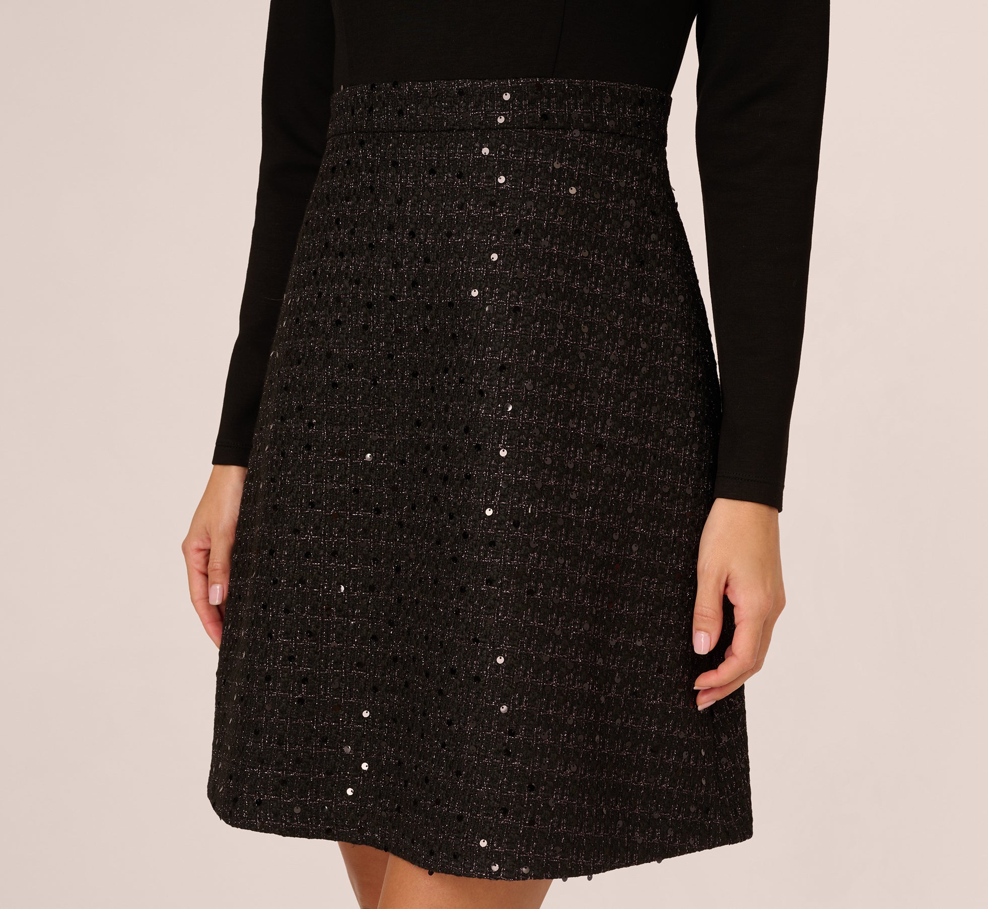 Long Sleeve Sequin Tweed Short Combo Dress In Black