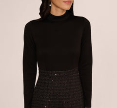 Long Sleeve Sequin Tweed Short Combo Dress In Black