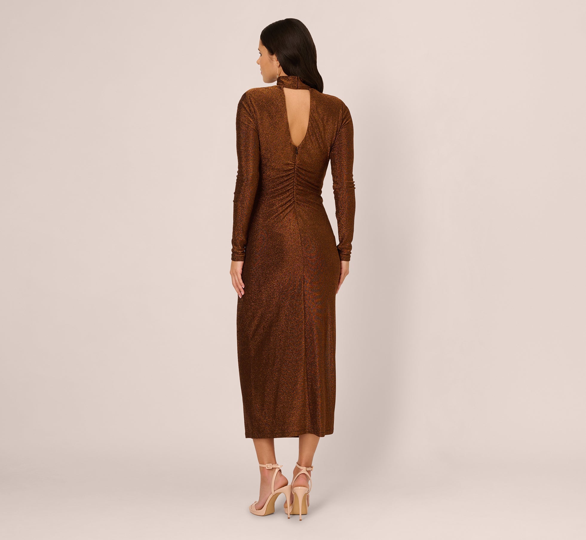 Long Sleeve Shimmer Knit Midi Dress In Bronze Black
