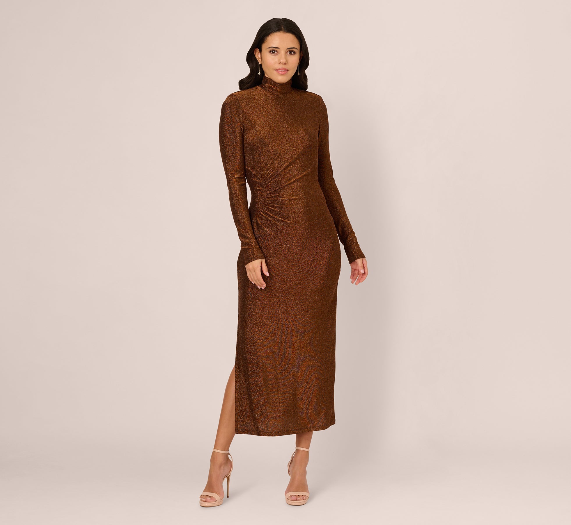 Long Sleeve Shimmer Knit Midi Dress In Bronze Black