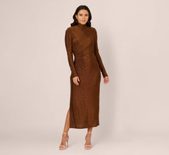 Long Sleeve Shimmer Knit Midi Dress In Bronze Black