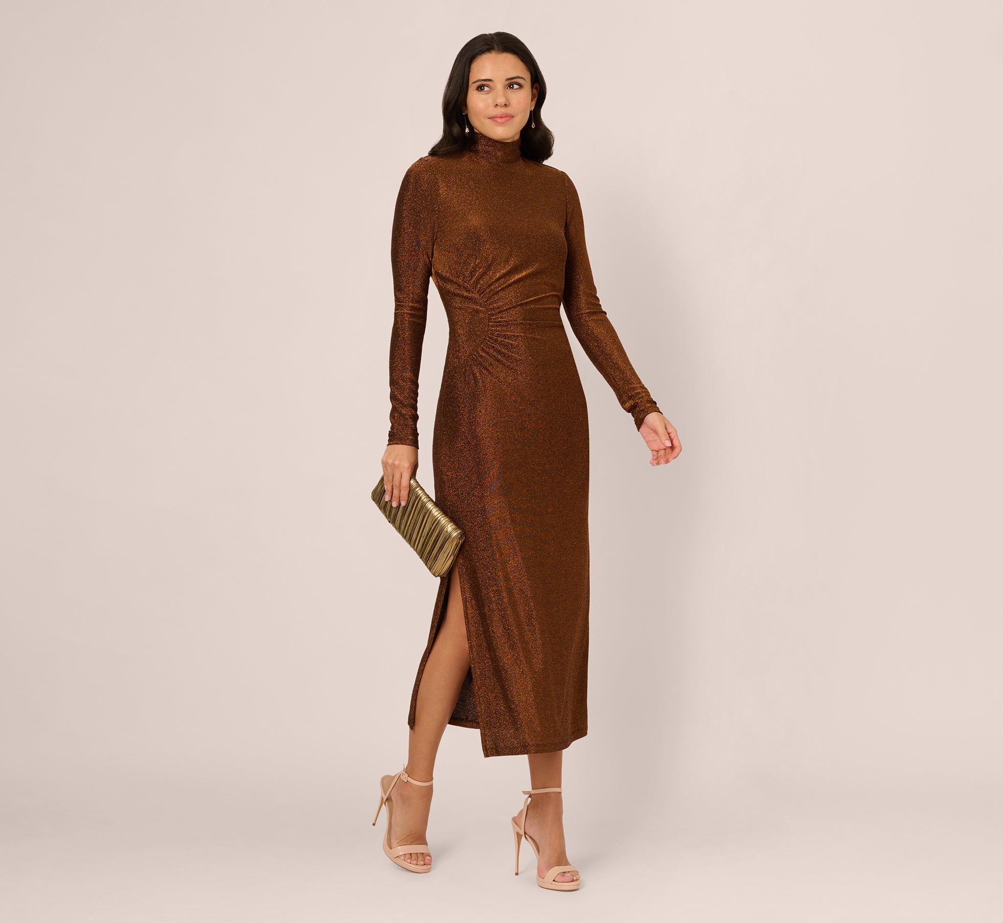Long Sleeve Shimmer Knit Midi Dress In Bronze Black