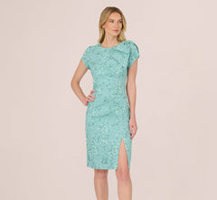 Cap Sleeve Floral Jacquard Bow Midi Dress In Teal