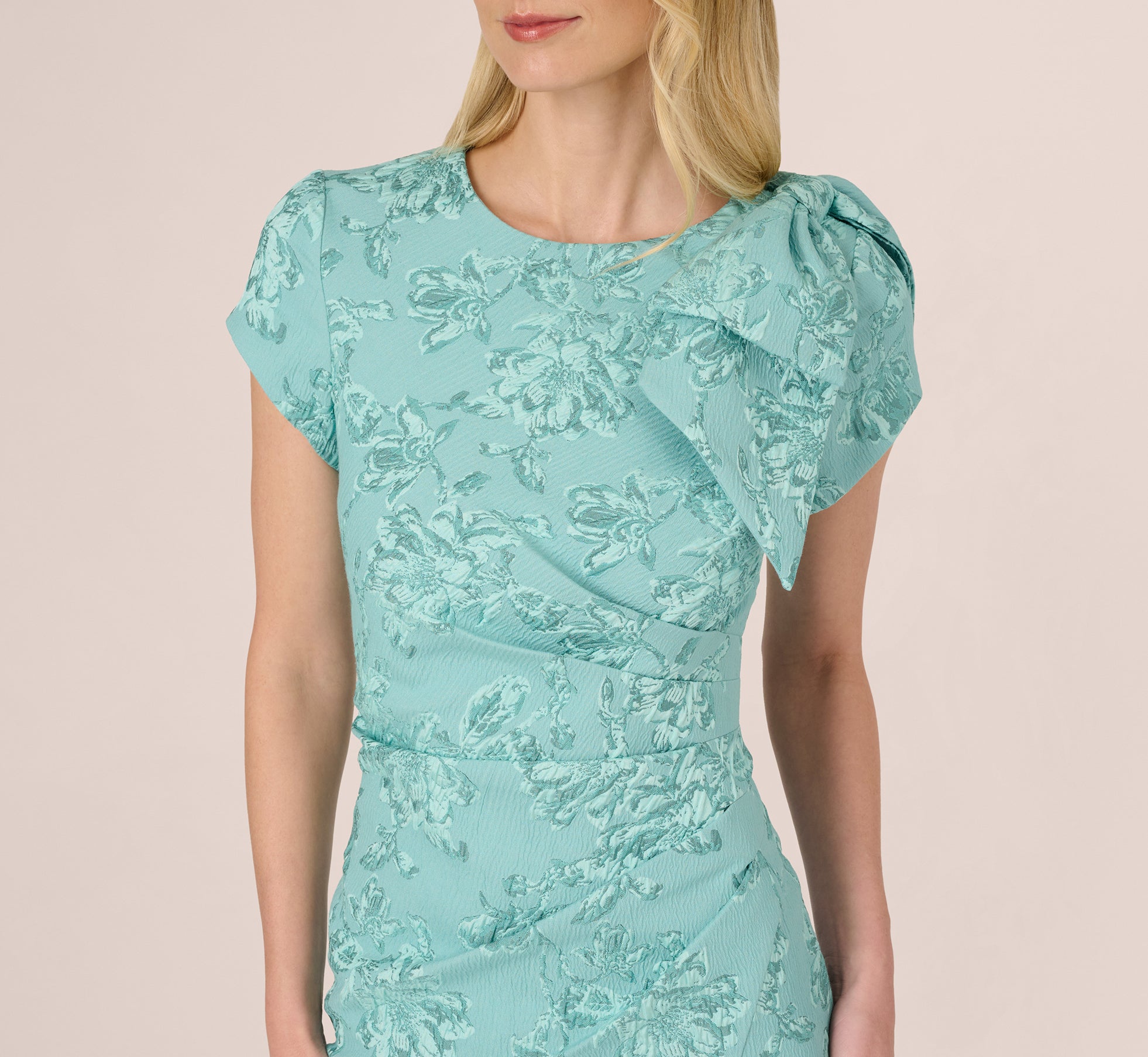 Cap Sleeve Floral Jacquard Bow Midi Dress In Teal
