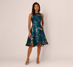 Sleeveless Metallic Vine Jacquard Midi Dress In Teal Sapphire Gold