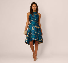 Sleeveless Metallic Vine Jacquard Midi Dress In Teal Sapphire Gold