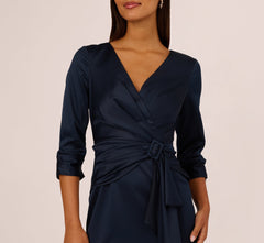 Three Quarter Sleeve Draped Satin Sheath Dress In Dark Navy