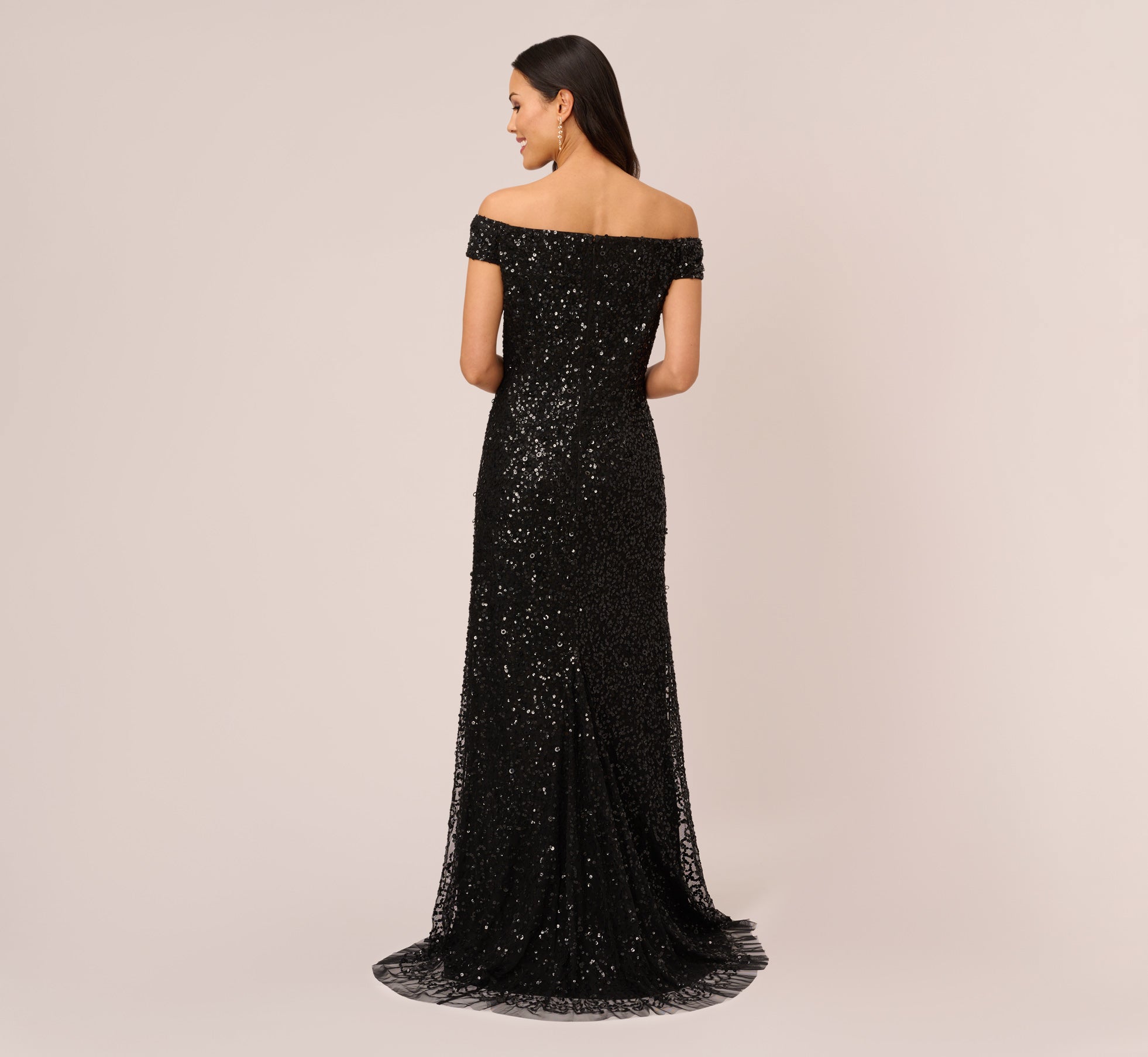 Off The Shoulder Sequin Beaded Gown In Black