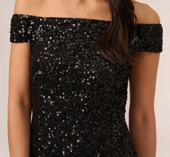 Off The Shoulder Sequin Beaded Gown In Black