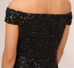 Off The Shoulder Sequin Beaded Gown In Black