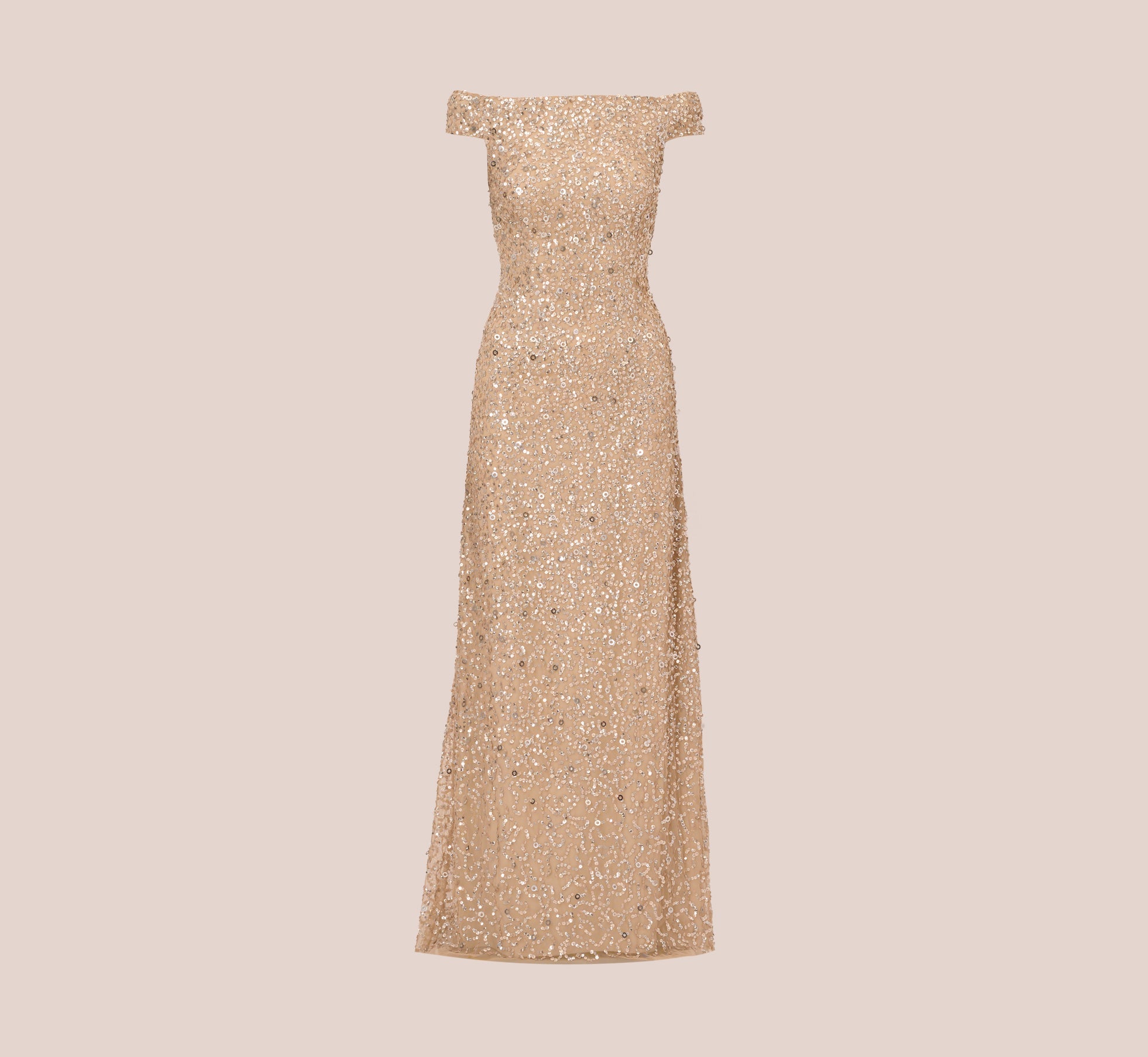 Off The Shoulder Sequin Beaded Gown In Champagne