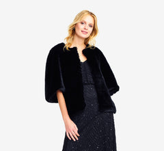 Faux Fur Open Front Cape Jacket In Black