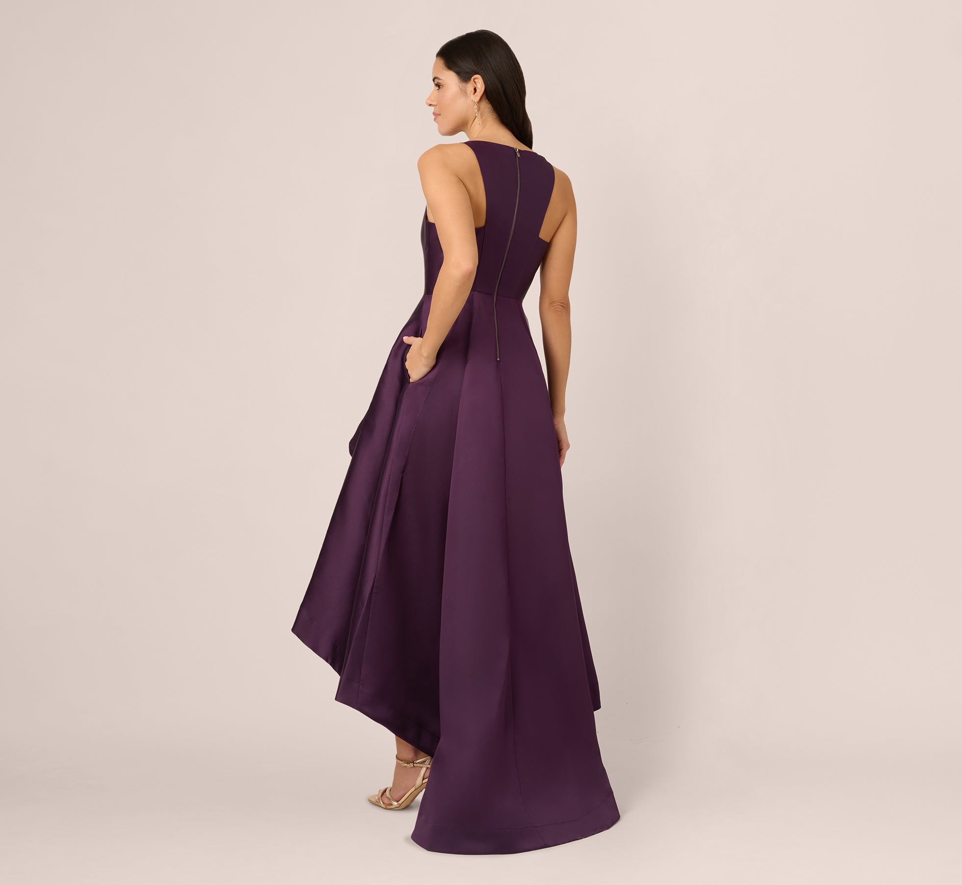 High Low Mikado Gown With Asymmetrical Detail In Luxe Plum