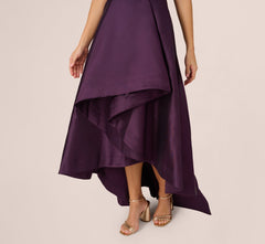High Low Mikado Gown With Asymmetrical Detail In Luxe Plum