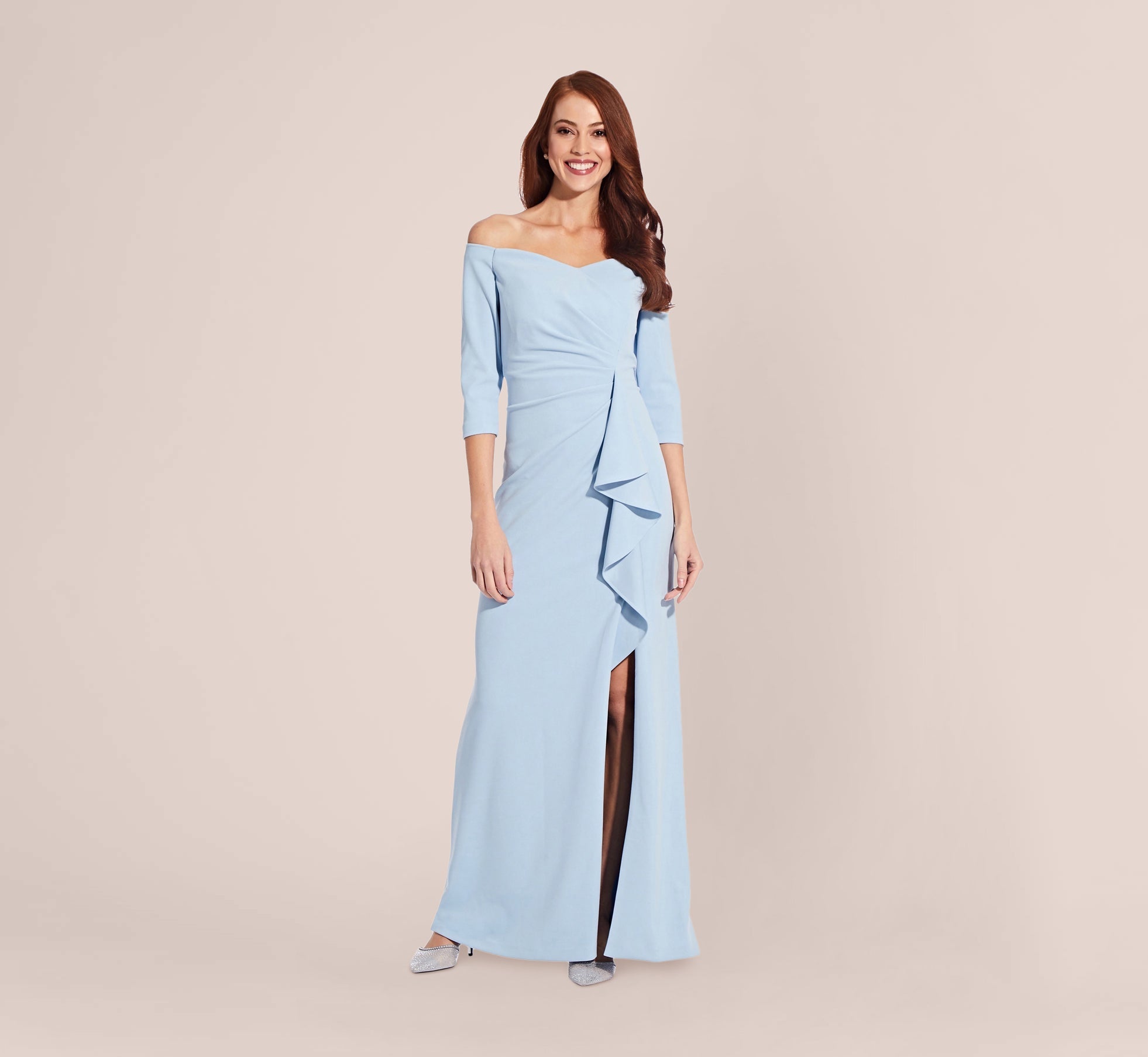 Off The Shoulder Dress With Cascading Ruffle Detail In Blue Mist