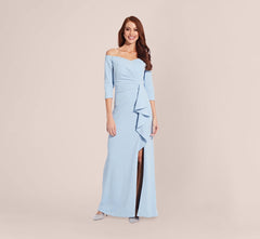 Off The Shoulder Dress With Cascading Ruffle Detail In Blue Mist