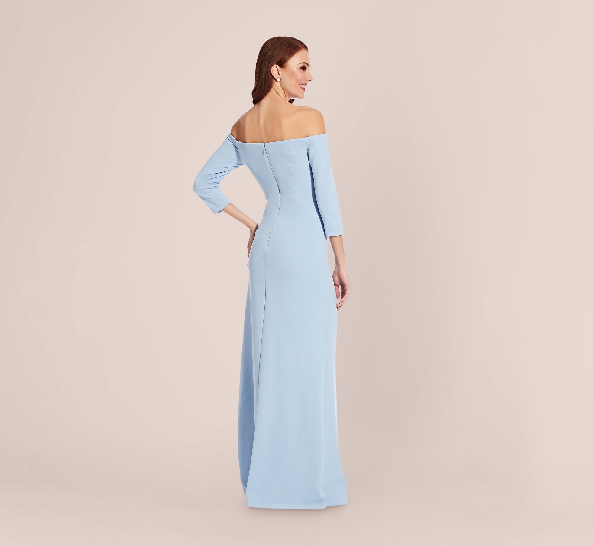 Off The Shoulder Dress With Cascading Ruffle Detail In Blue Mist