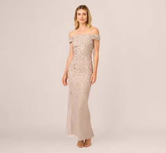 Off Shoulder Dress With Floral Embellishment In Marble