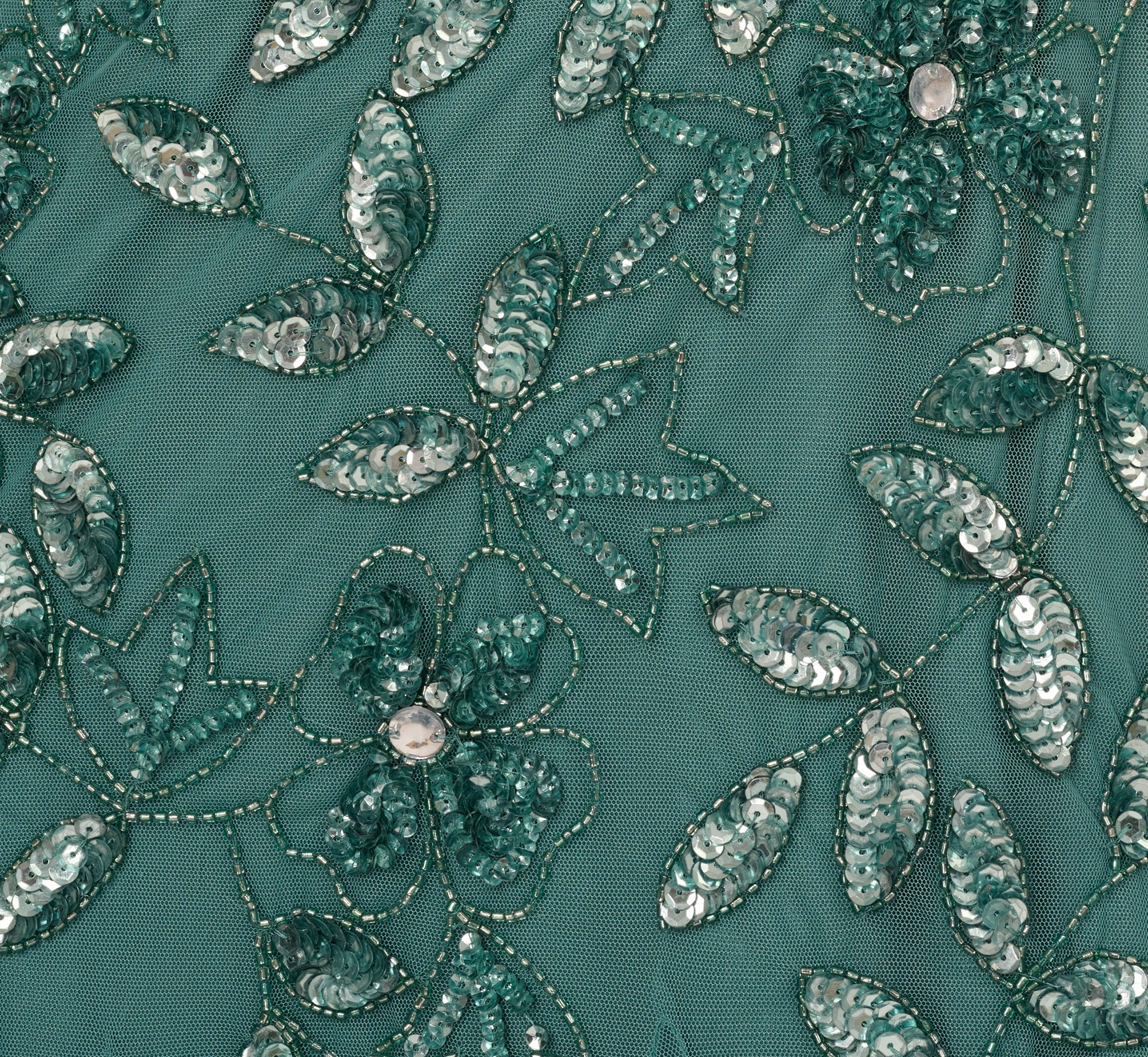 Hand Beaded Short Sleeve Floral Godet Gown In Jade