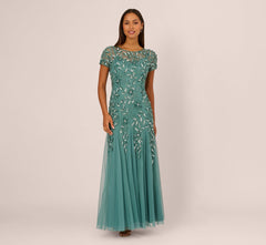 Hand Beaded Short Sleeve Floral Godet Gown In Jade