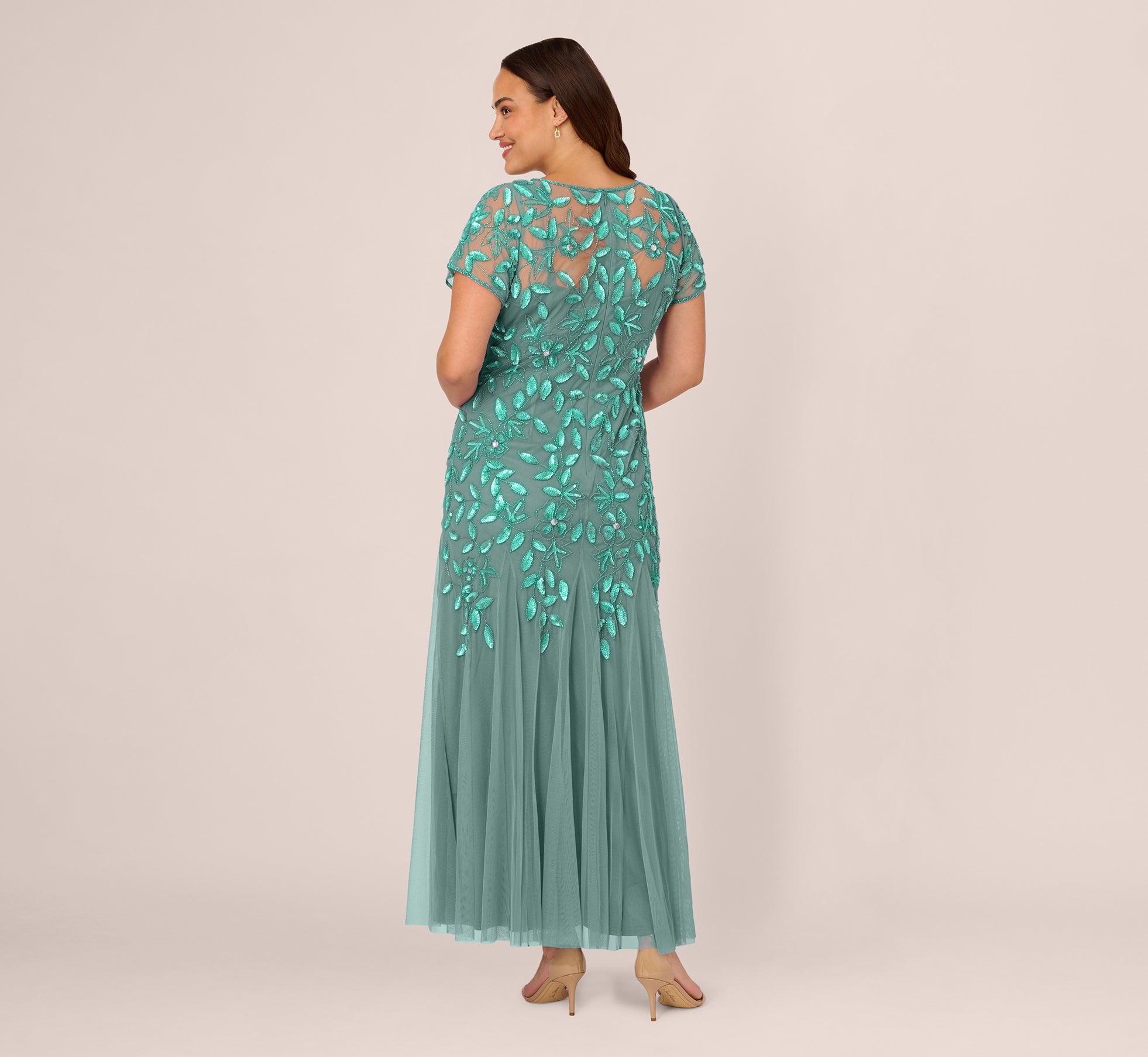 Plus Size Hand Beaded Short Sleeve Floral Godet Gown In Green Slate
