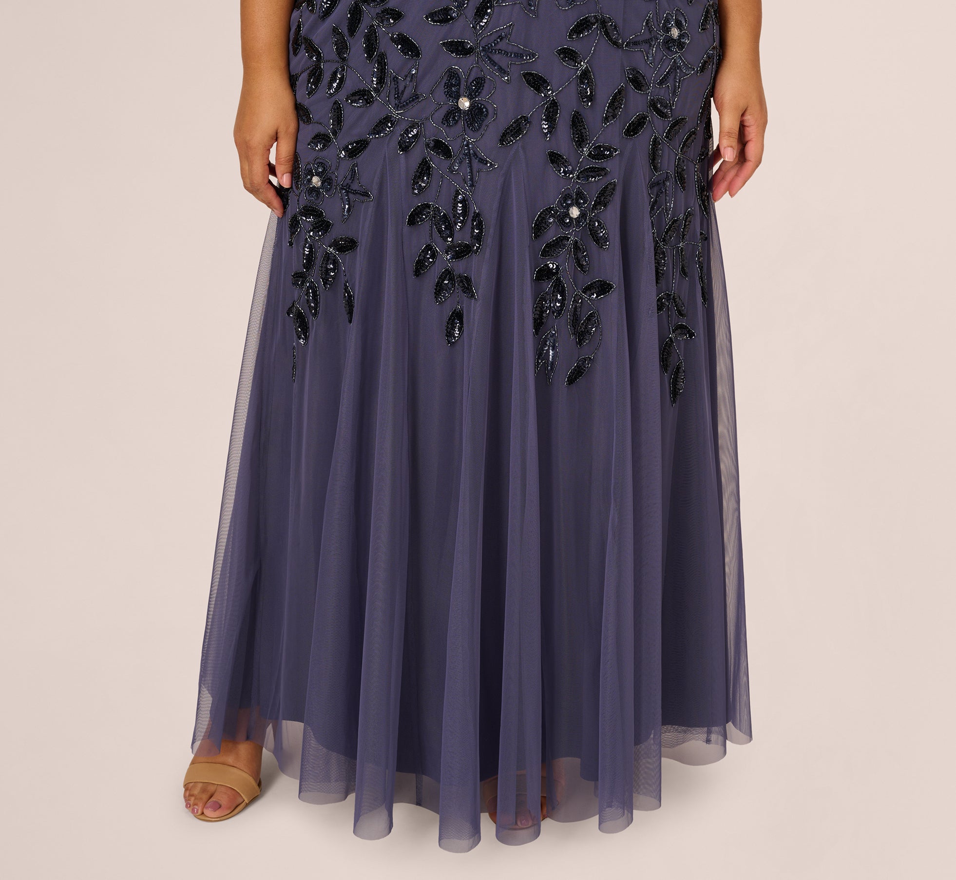 Plus Size Hand Beaded Short Sleeve Floral Godet Gown In Smoky Peri