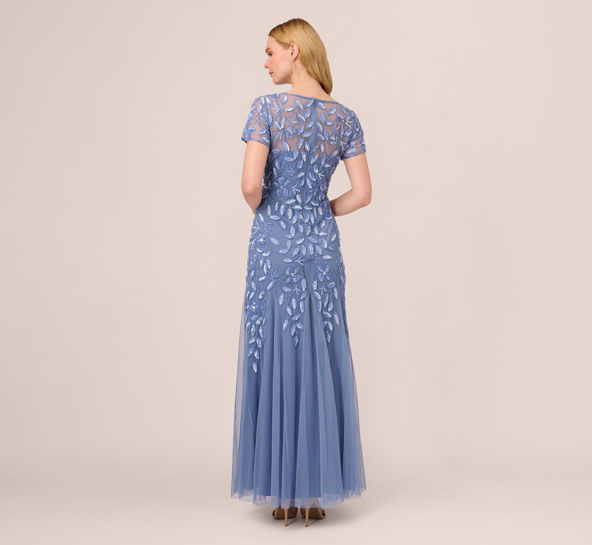 Hand Beaded Short Sleeve Floral Godet Gown In French Blue