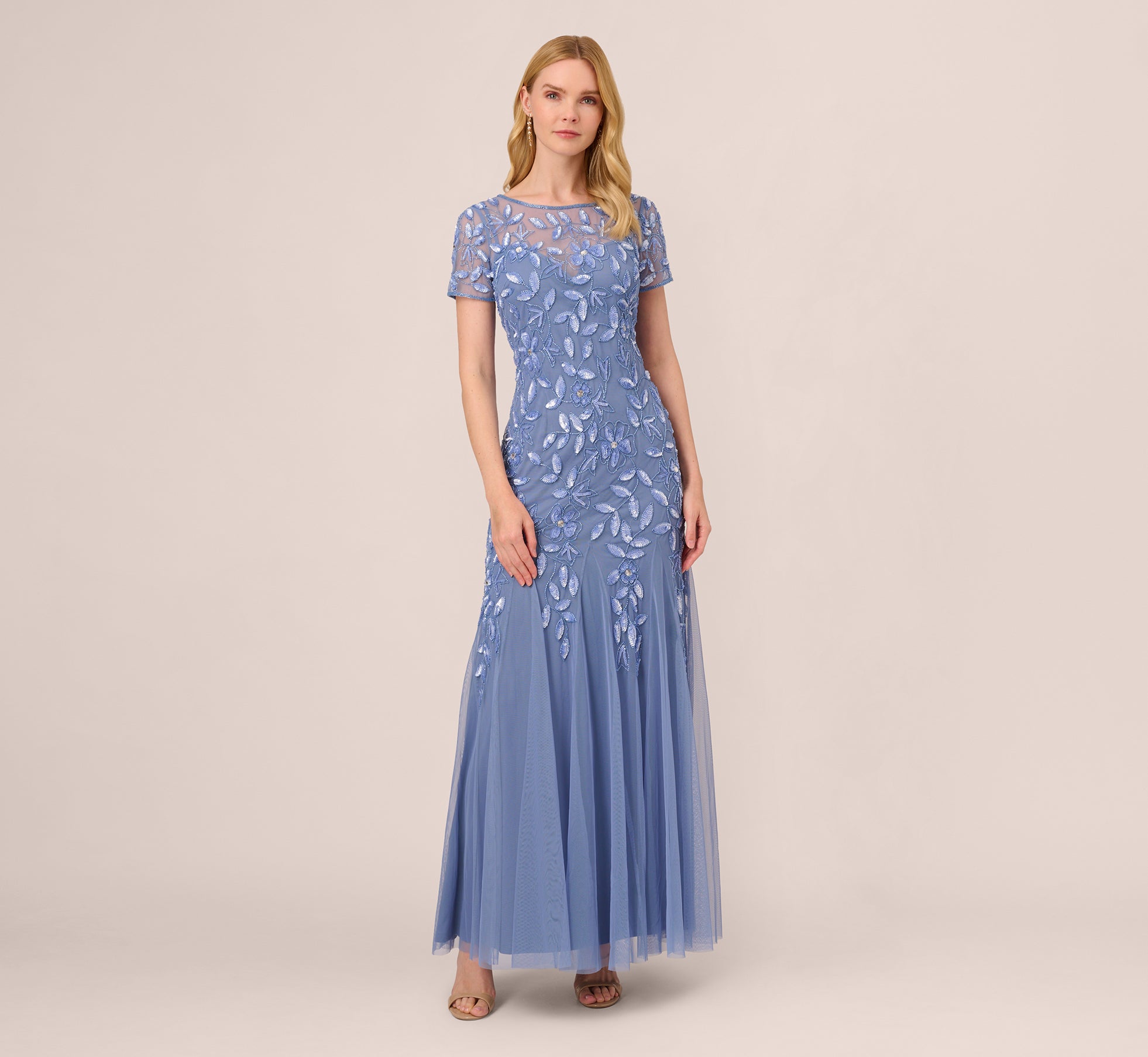 Hand Beaded Short Sleeve Floral Godet Gown In French Blue