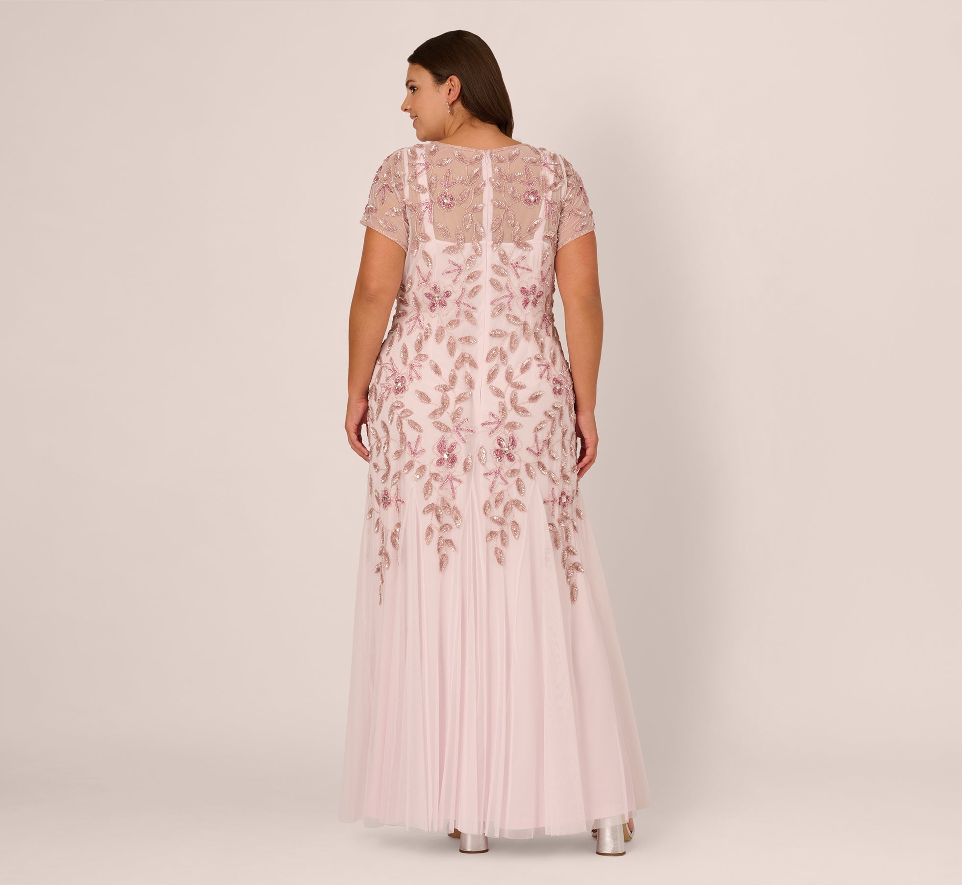 Plus Size Hand Beaded Short Sleeve Floral Godet Gown In Blush Pink
