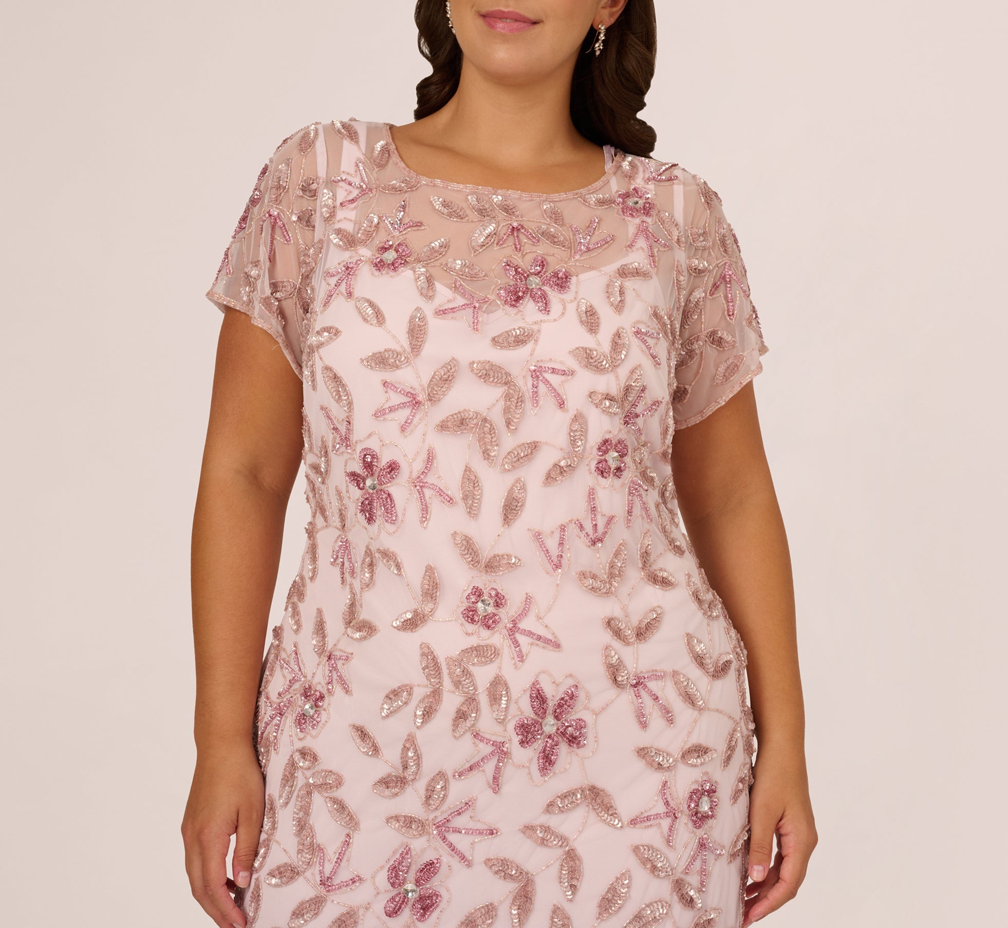 Plus Size Hand Beaded Short Sleeve Floral Godet Gown In Blush Pink