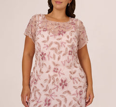 Plus Size Hand Beaded Short Sleeve Floral Godet Gown In Blush Pink