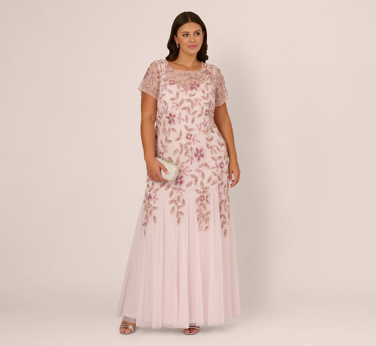 Plus Size Hand Beaded Short Sleeve Floral Godet Gown In Blush Pink