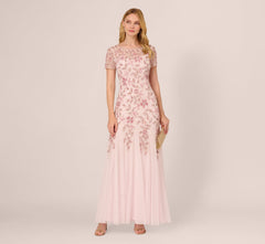 Hand Beaded Short Sleeve Floral Godet Gown In Blush Pink