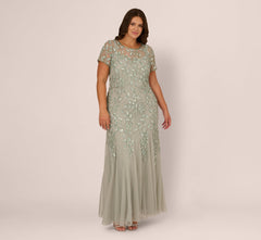 Plus Size Hand Beaded Short Sleeve Floral Godet Gown In Frosted Sage