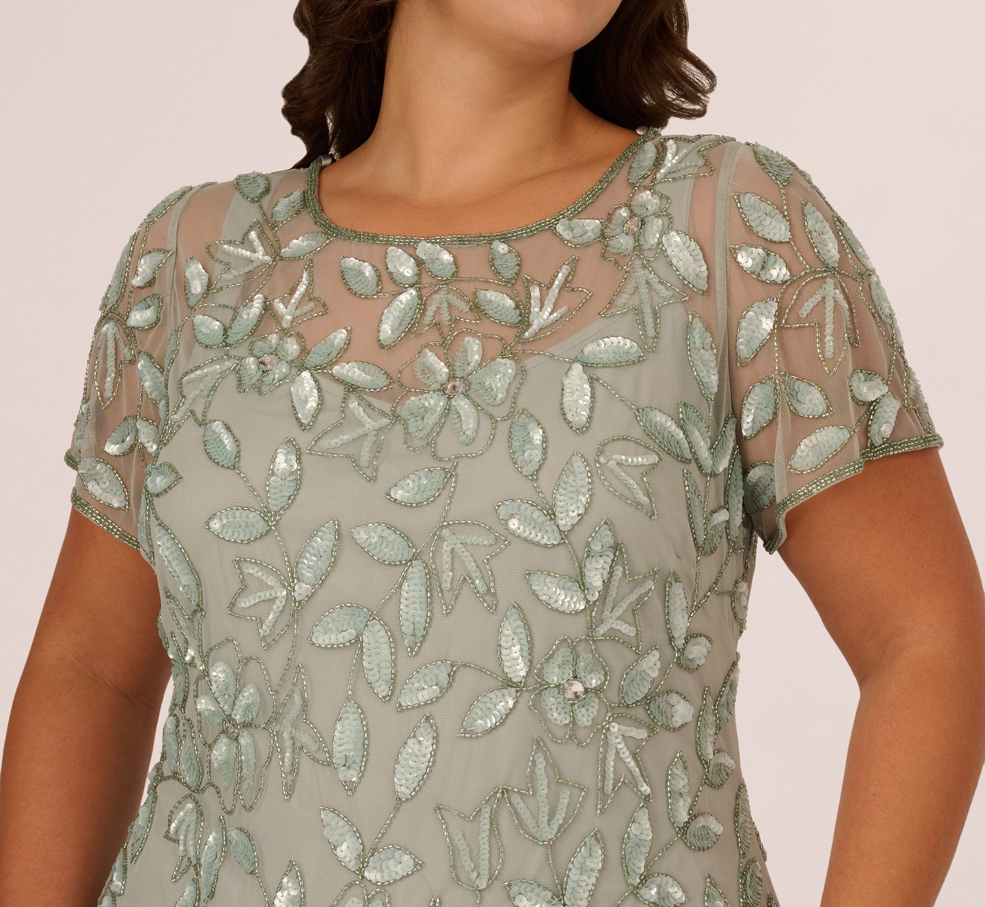 Plus Size Hand Beaded Short Sleeve Floral Godet Gown In Frosted Sage