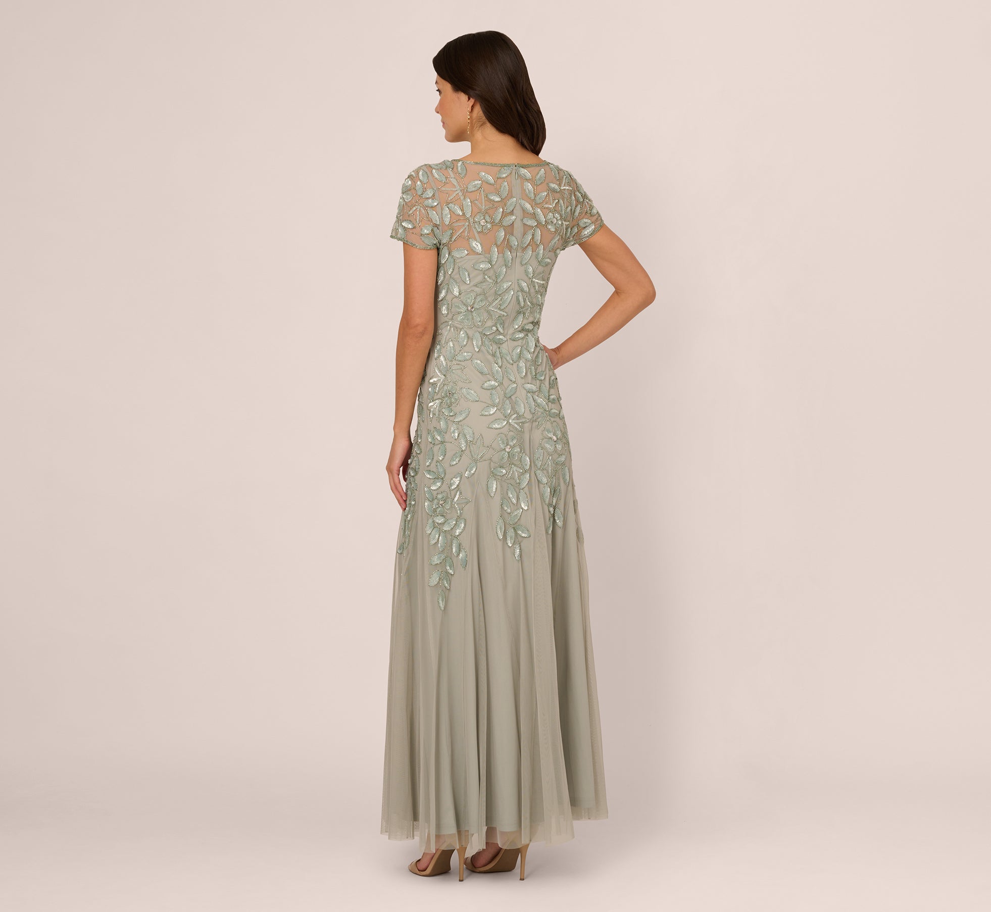 Hand Beaded Short Sleeve Floral Godet Gown In Frosted Sage