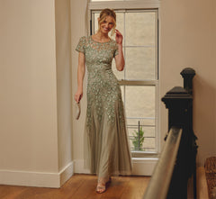 Hand Beaded Short Sleeve Floral Godet Gown In Frosted Sage
