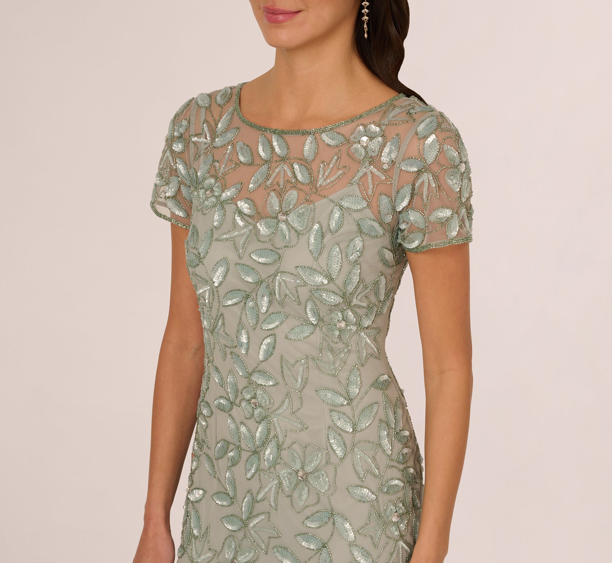 Hand Beaded Short Sleeve Floral Godet Gown In Frosted Sage