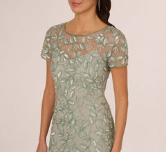 Hand Beaded Short Sleeve Floral Godet Gown In Frosted Sage
