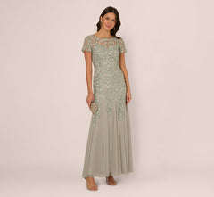 Hand Beaded Short Sleeve Floral Godet Gown In Frosted Sage