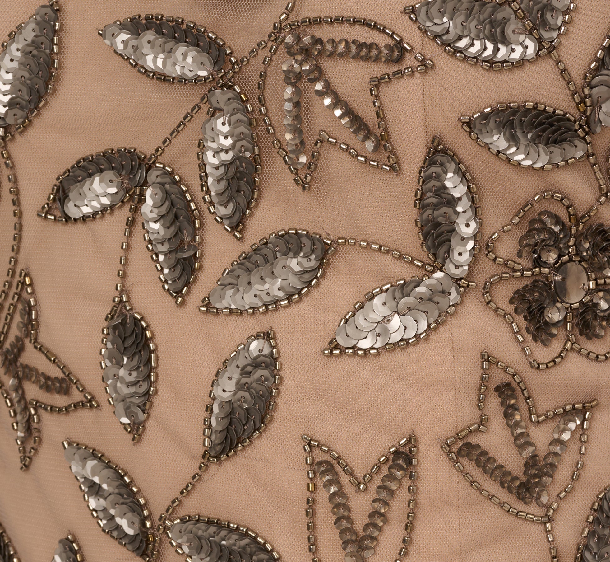 Hand Beaded Short Sleeve Floral Godet Gown In Mercury Nude