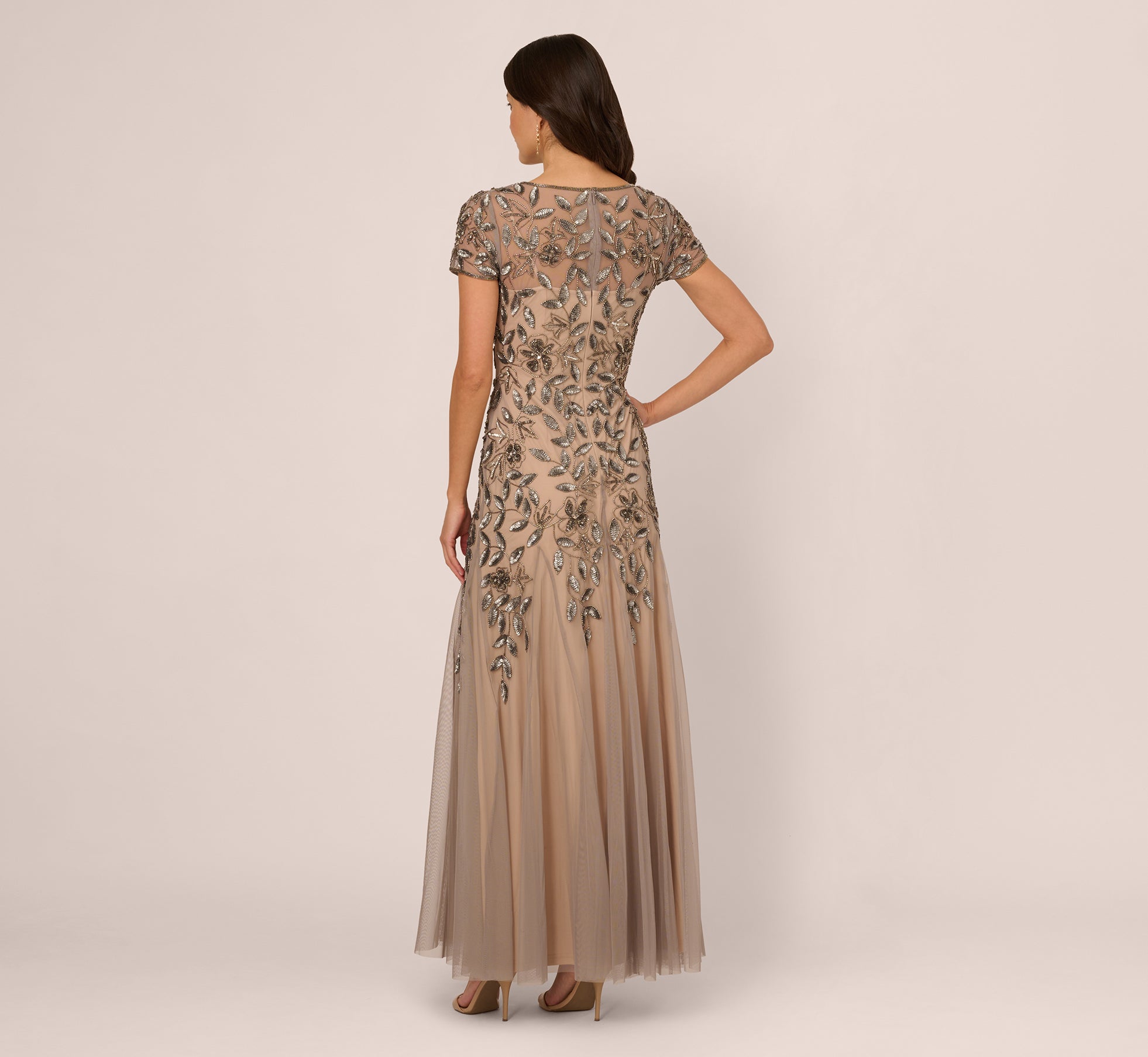 Hand Beaded Short Sleeve Floral Godet Gown In Mercury Nude