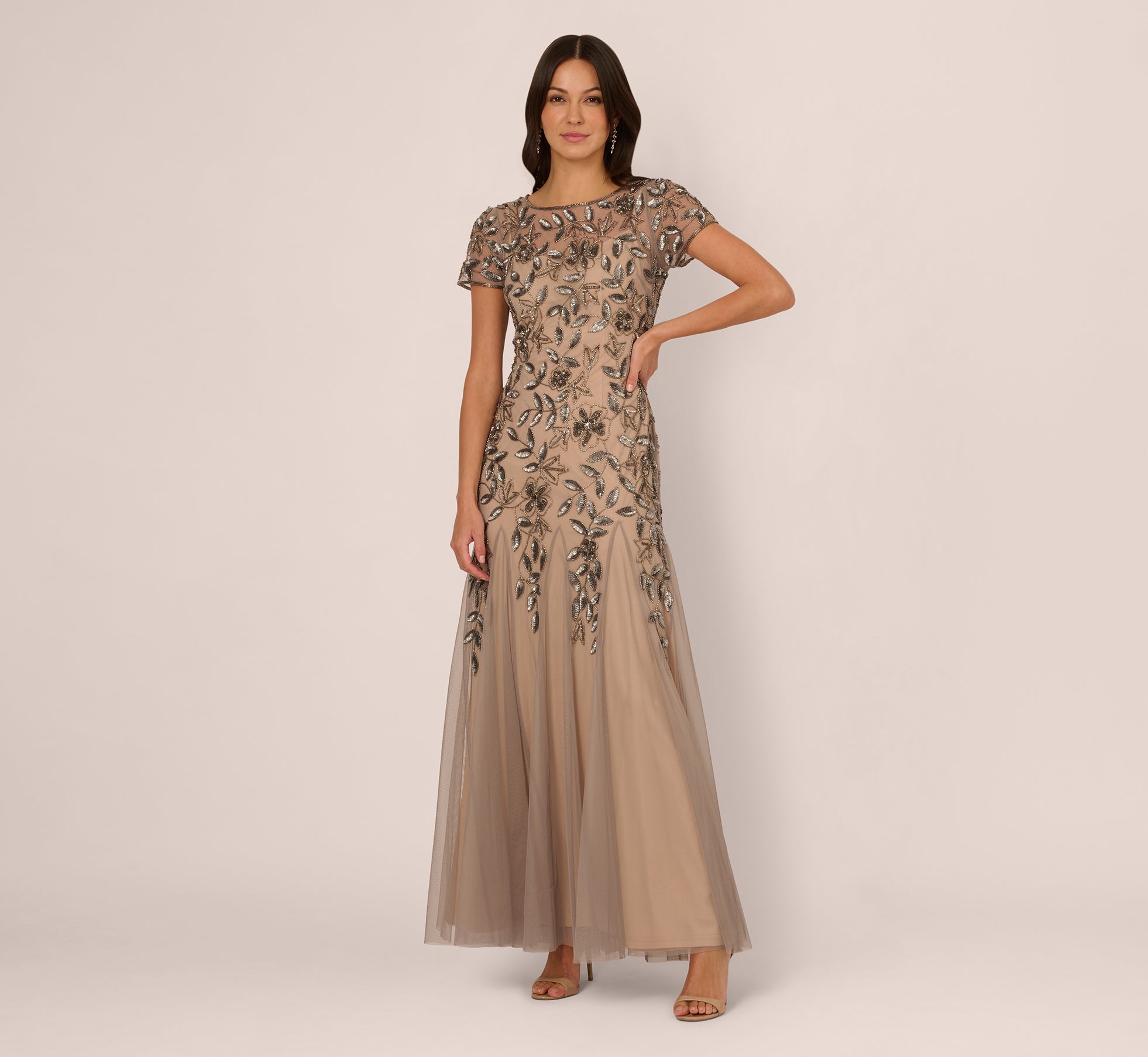 Hand Beaded Short Sleeve Floral Godet Gown In Mercury Nude