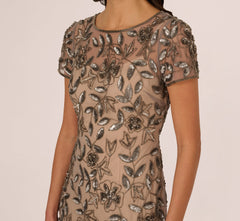 Hand Beaded Short Sleeve Floral Godet Gown In Mercury Nude