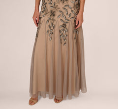 Hand Beaded Short Sleeve Floral Godet Gown In Mercury Nude