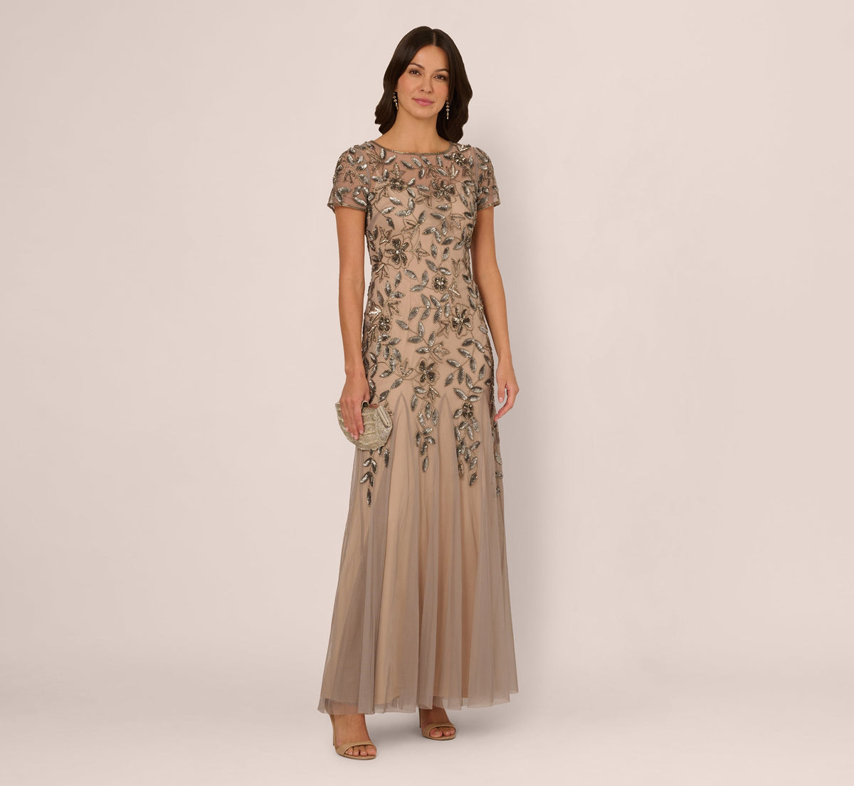 Hand Beaded Short Sleeve Floral Godet Gown In Mercury Nude