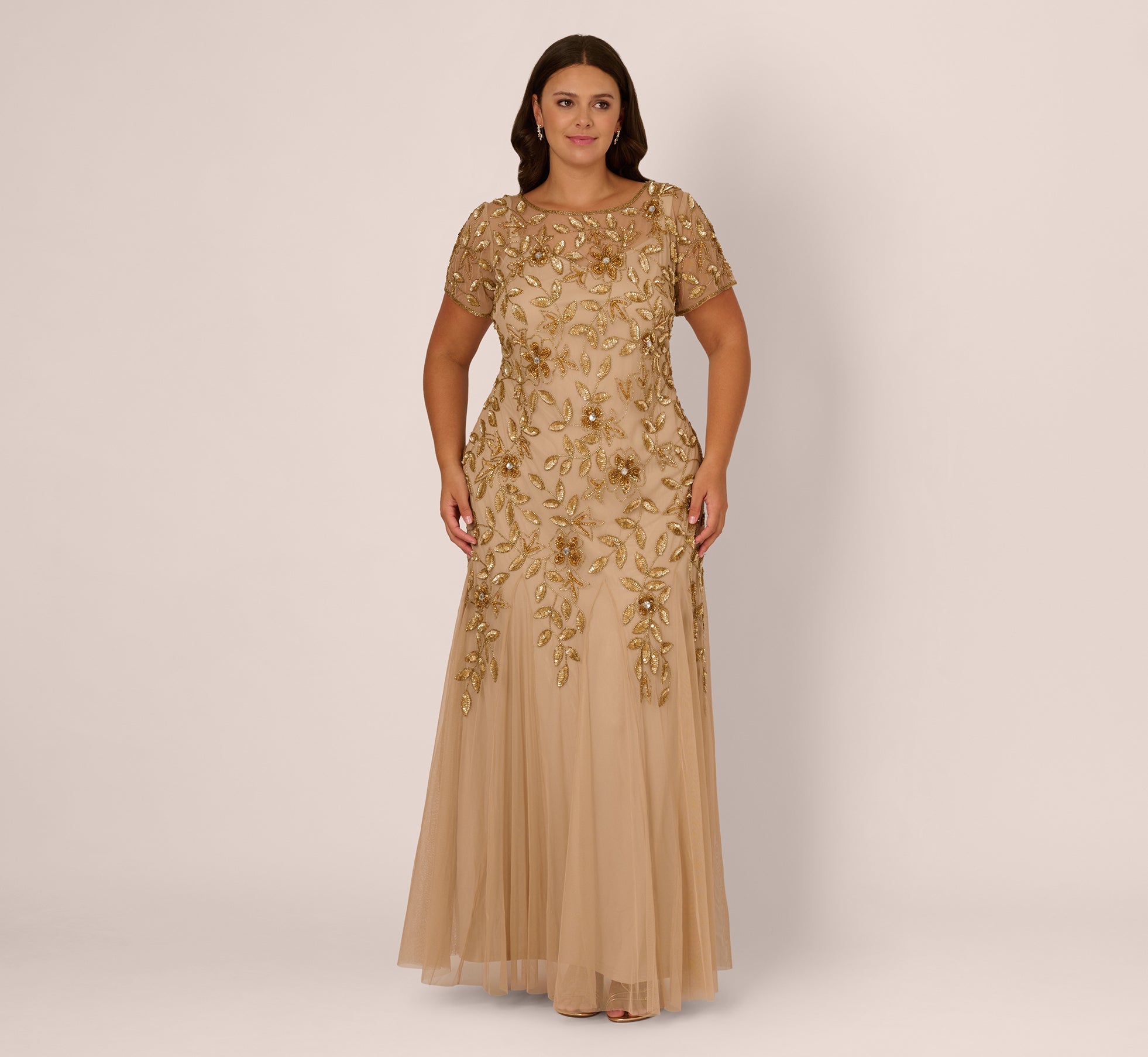Plus Size Hand Beaded Short Sleeve Floral Godet Gown In Champagne Gold