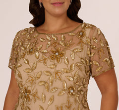 Plus Size Hand Beaded Short Sleeve Floral Godet Gown In Champagne Gold