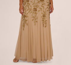 Plus Size Hand Beaded Short Sleeve Floral Godet Gown In Champagne Gold